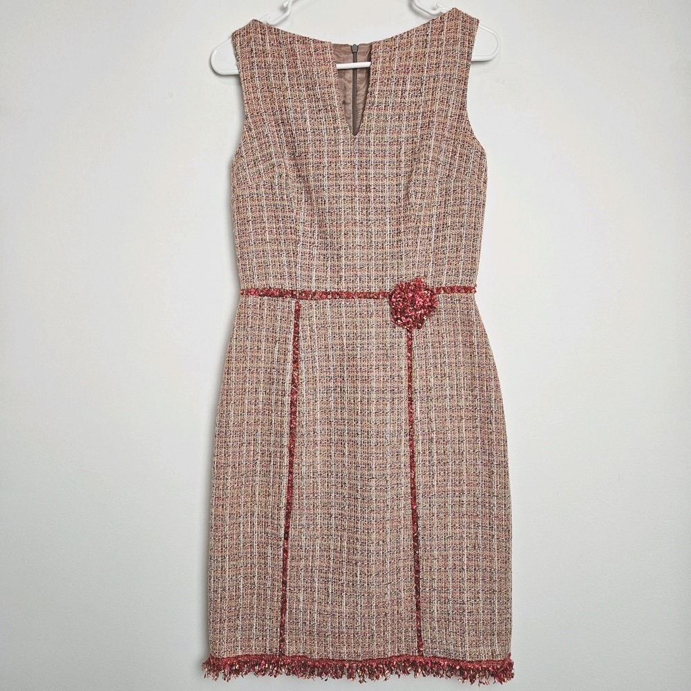 DAVID MEISTER Dress Size 2 Tweed Boucle Knee Length Sleeveless Flower Fringe USA